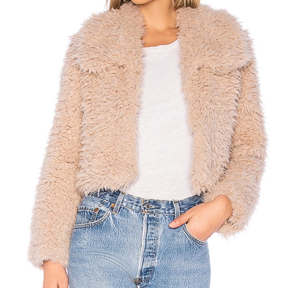 REVOLVE | BARDOT PLUSH FAUX FUR CROPPED JACKET - Size XS - mauve tan color